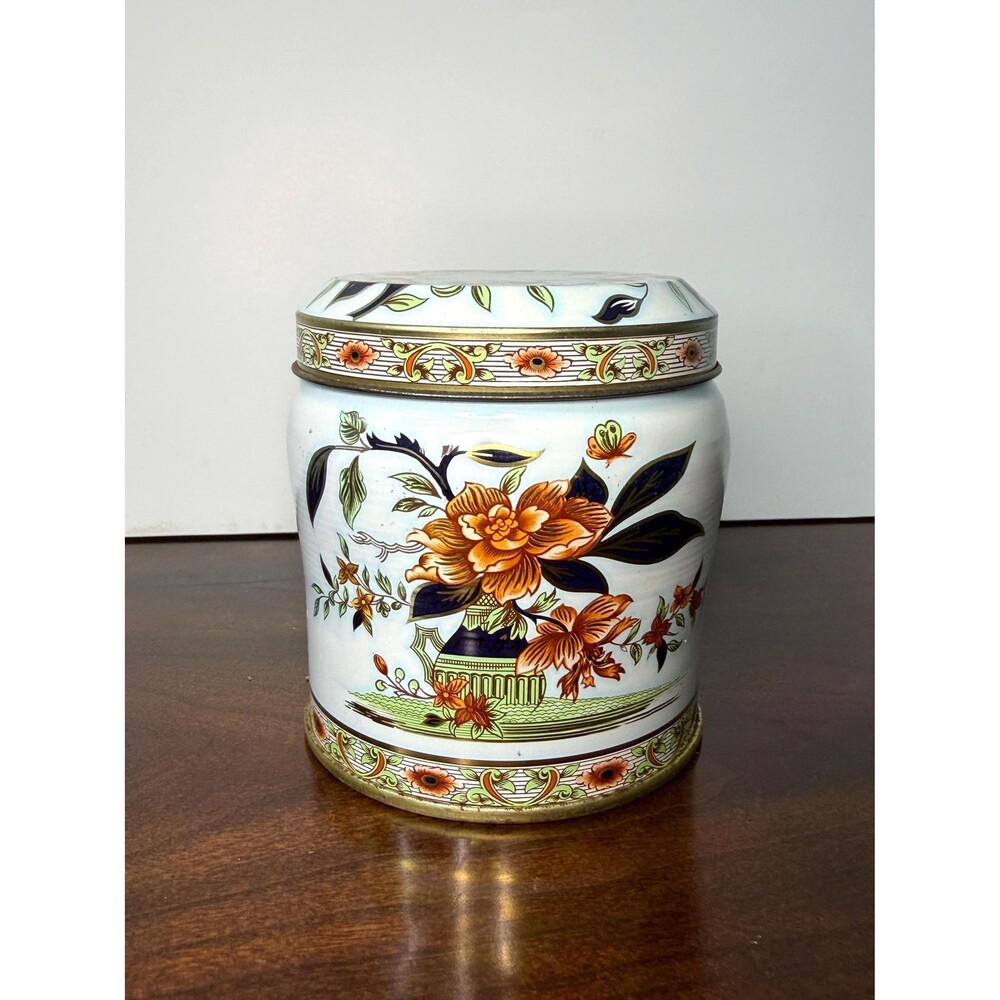 Vintage Daher Floral Tin Made in England Blue Orange Green Decorative Canister